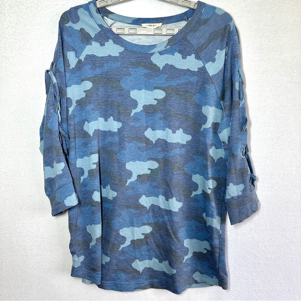 Como Blu Camo Top Women's XL Blue Camouflage Pullover Tee Laced Sleeves New